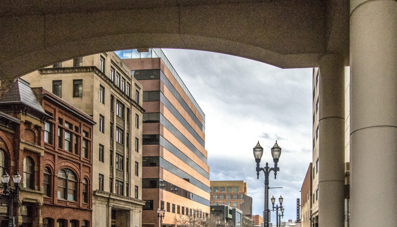 Downtown Lansing Michigan Skyline. Panorama of city streets of downtown Lansing. Lansing is the capitol city of Michigan.